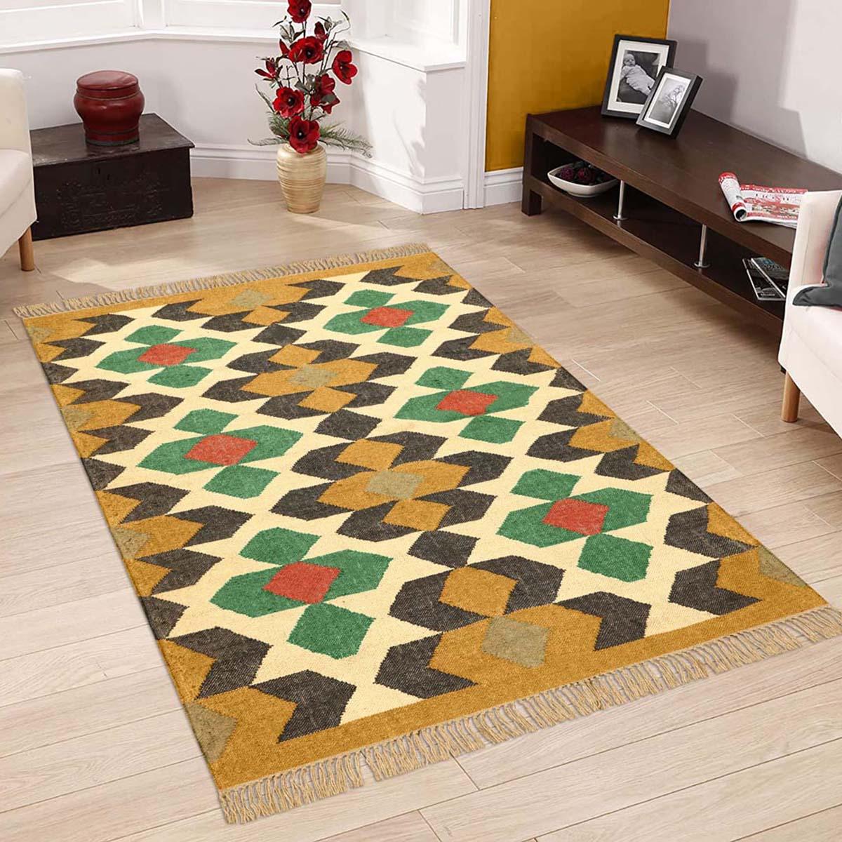 Black Multicolor Hand Woven Geometric Farm House Wool Jute Rug - Indian Rug Store