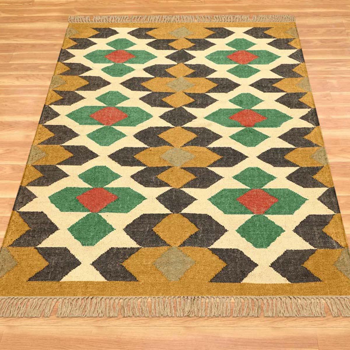 Black Multicolor Hand Woven Geometric Farm House Wool Jute Rug - Indian Rug Store