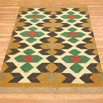 Black Multicolor Hand Woven Geometric Farm House Wool Jute Rug - Indian Rug Store