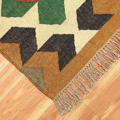 Black Multicolor Hand Woven Geometric Farm House Wool Jute Rug - Indian Rug Store