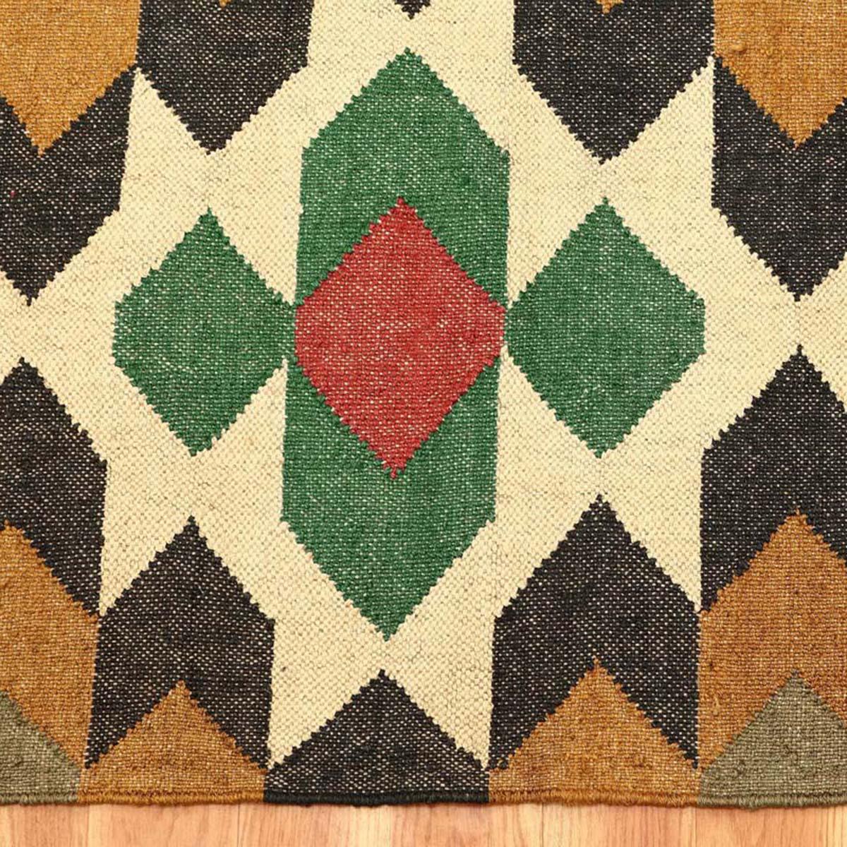 Black Multicolor Hand Woven Geometric Farm House Wool Jute Rug - Indian Rug Store