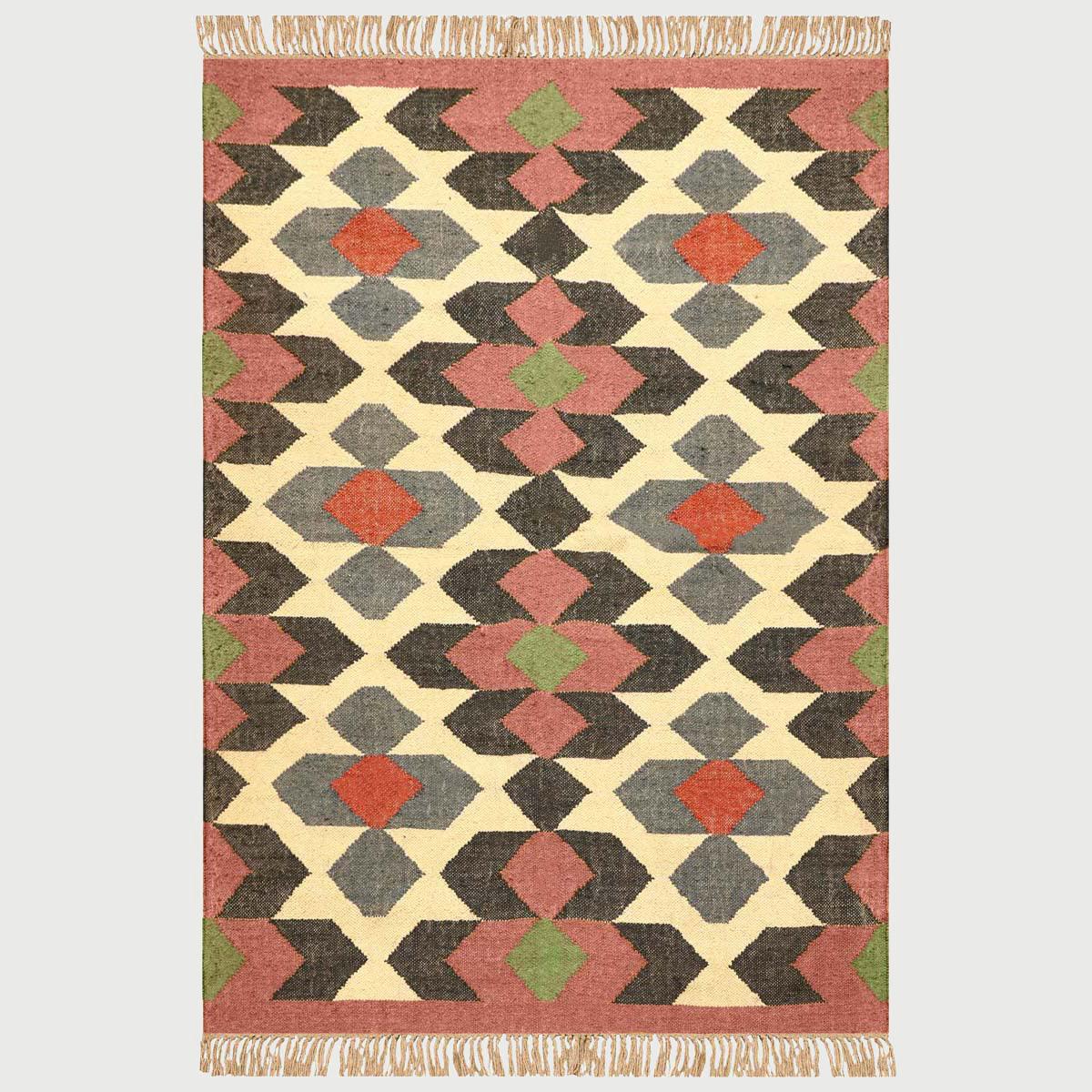 Rectangle Rust Multicolor Hand Woven Geometric Interior Wool Jute Rug - Indian Rug Store