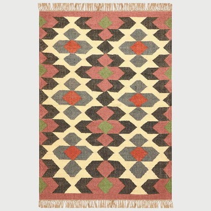 Rectangle Rust Multicolor Hand Woven Geometric Interior Wool Jute Rug - Indian Rug Store