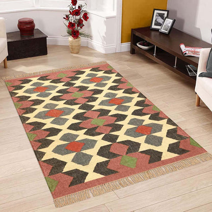 Rectangle Rust Multicolor Hand Woven Geometric Interior Wool Jute Rug - Indian Rug Store