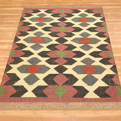 Rectangle Rust Multicolor Hand Woven Geometric Interior Wool Jute Rug - Indian Rug Store