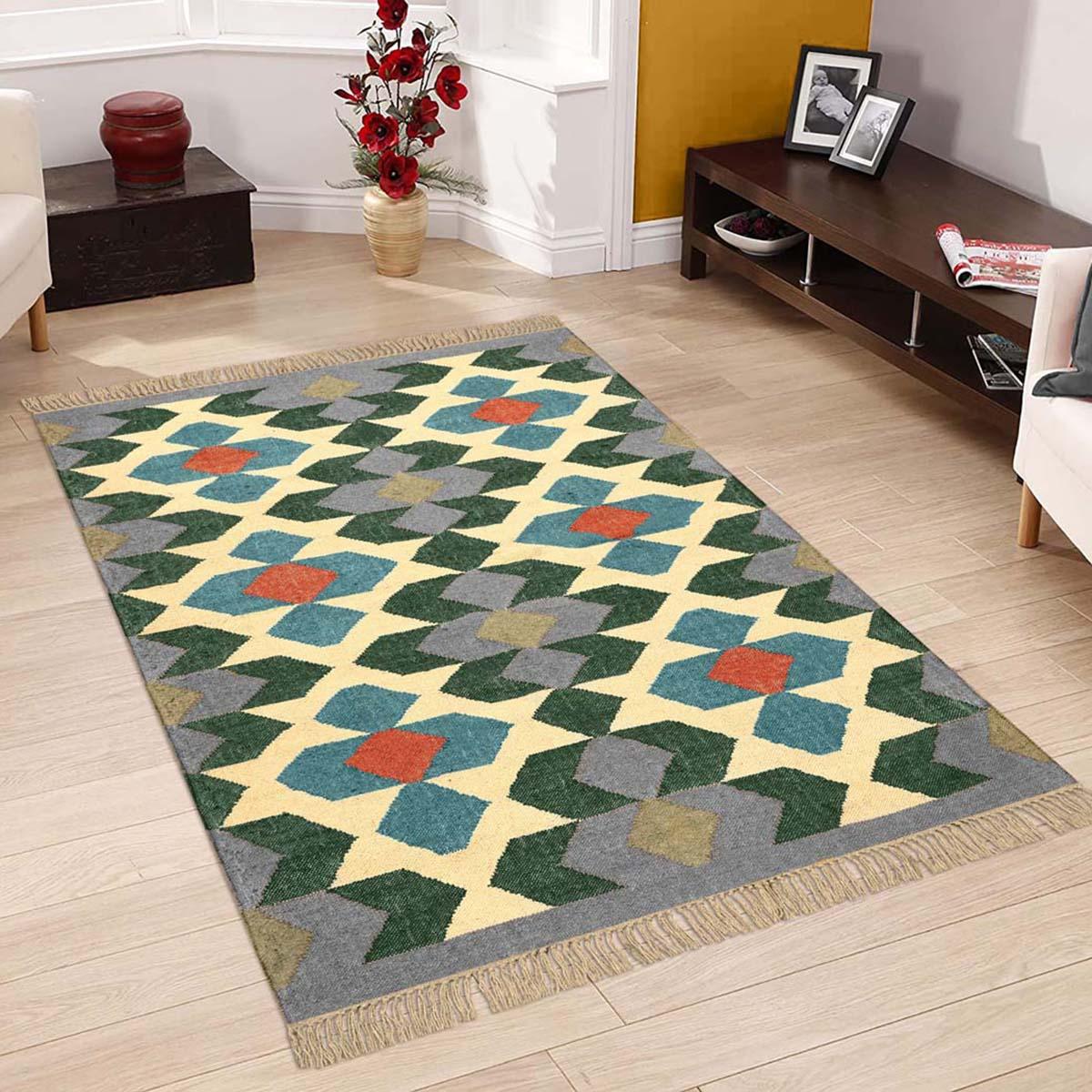 Multicolor Gray Hand Woven Geometric Bedroom Decor Wool Jute Rug - Indian Rug Store