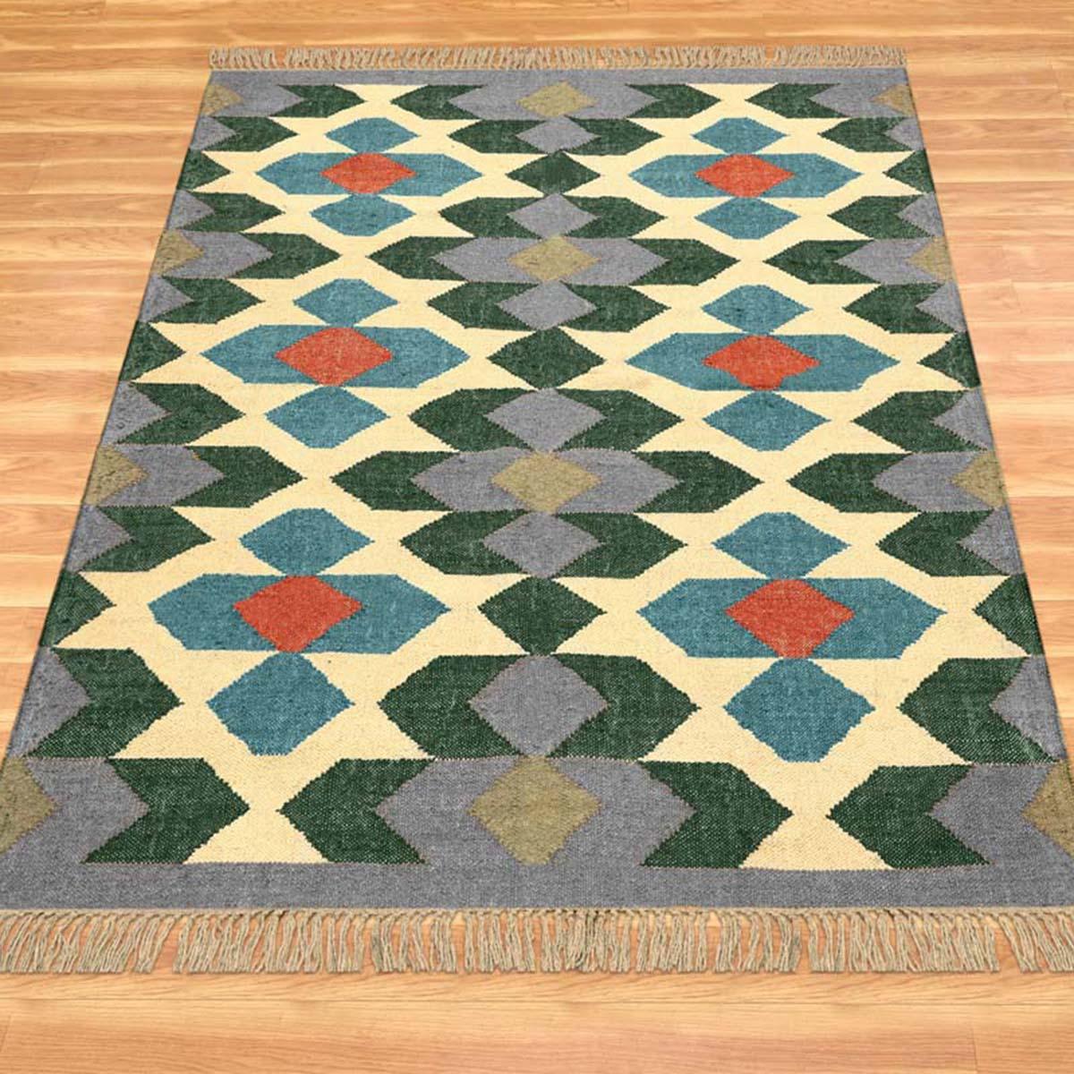 Multicolor Gray Hand Woven Geometric Bedroom Decor Wool Jute Rug - Indian Rug Store