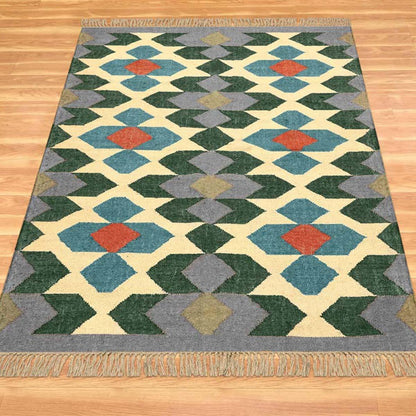 Multicolor Gray Hand Woven Geometric Bedroom Decor Wool Jute Rug - Indian Rug Store