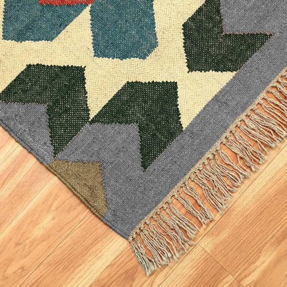 Multicolor Gray Hand Woven Geometric Bedroom Decor Wool Jute Rug - Indian Rug Store