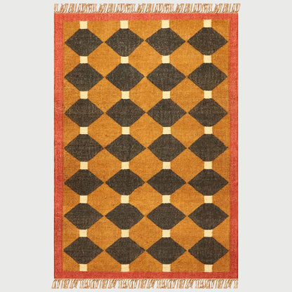 Indian Hand Woven Geometric Yellow Black Wool Jute Rug - Indian Rug Store