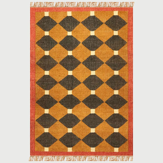 Indian Hand Woven Geometric Yellow Black Wool Jute Rug - Indian Rug Store