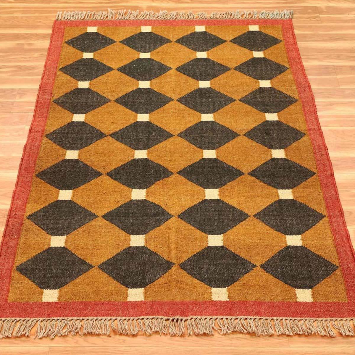 Indian Hand Woven Geometric Yellow Black Wool Jute Rug - Indian Rug Store