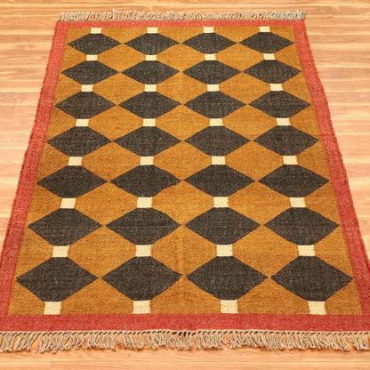 Indian Hand Woven Geometric Yellow Black Wool Jute Rug - Indian Rug Store