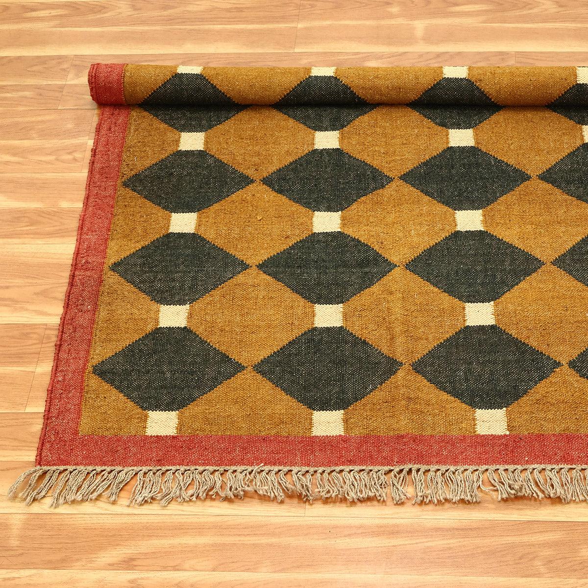 Indian Hand Woven Geometric Yellow Black Wool Jute Rug - Indian Rug Store