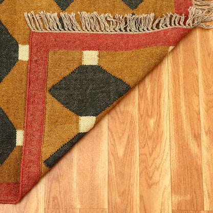 Indian Hand Woven Geometric Yellow Black Wool Jute Rug - Indian Rug Store