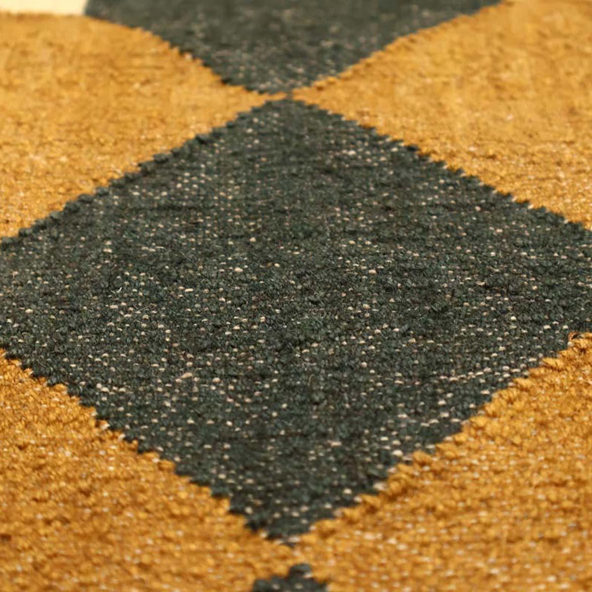 Indian Hand Woven Geometric Yellow Black Wool Jute Rug - Indian Rug Store