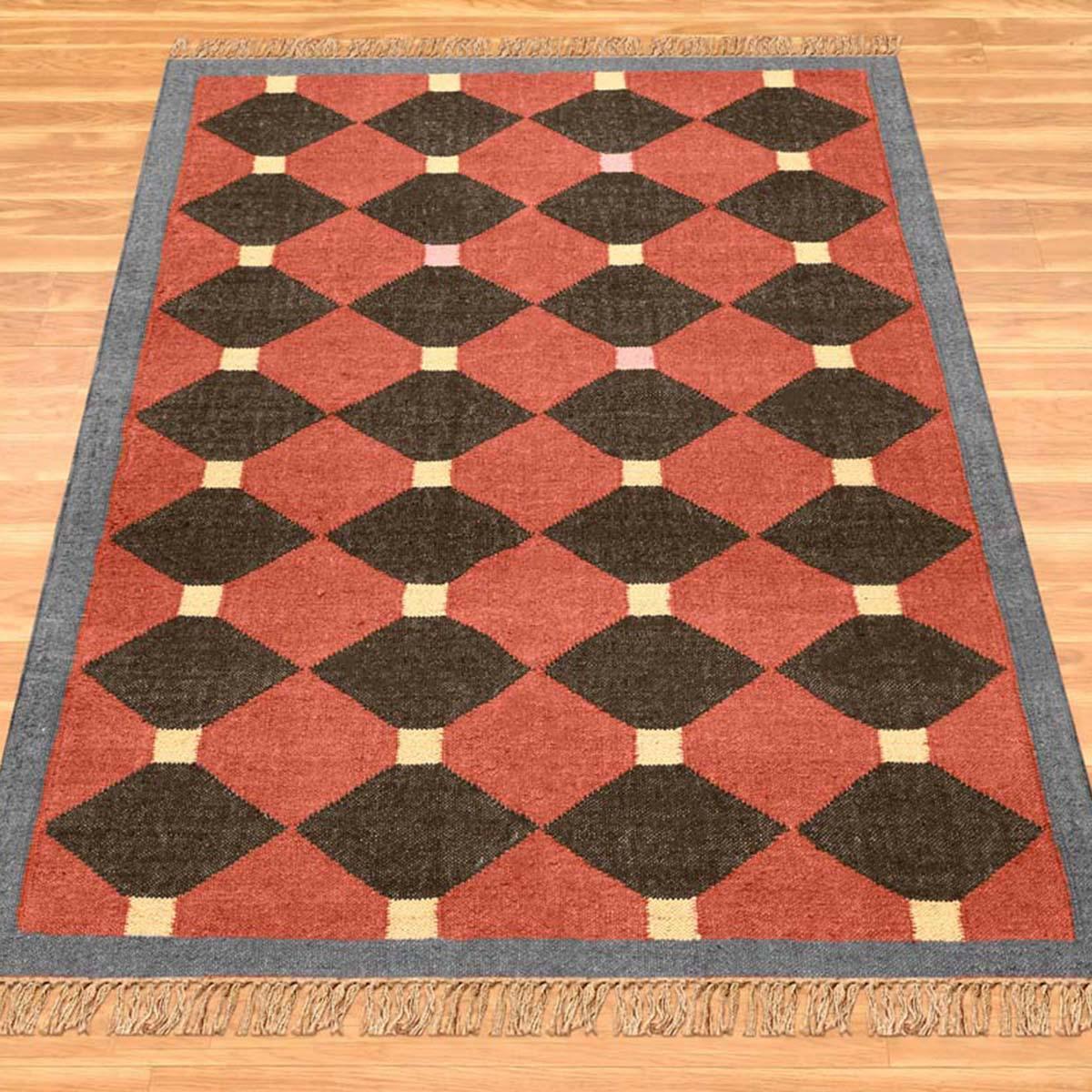 Geometric Maroon Gray Hand Woven Home Decor Wool Jute Rug - Indian Rug Store