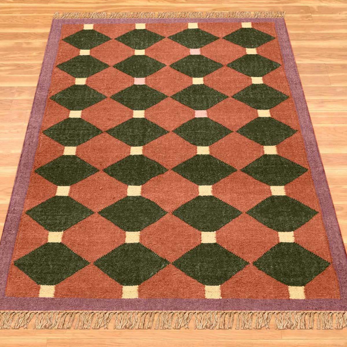 Farm House Decor Rust Multicolor Hand Woven Geometric Wool Jute Rug - Indian Rug Store