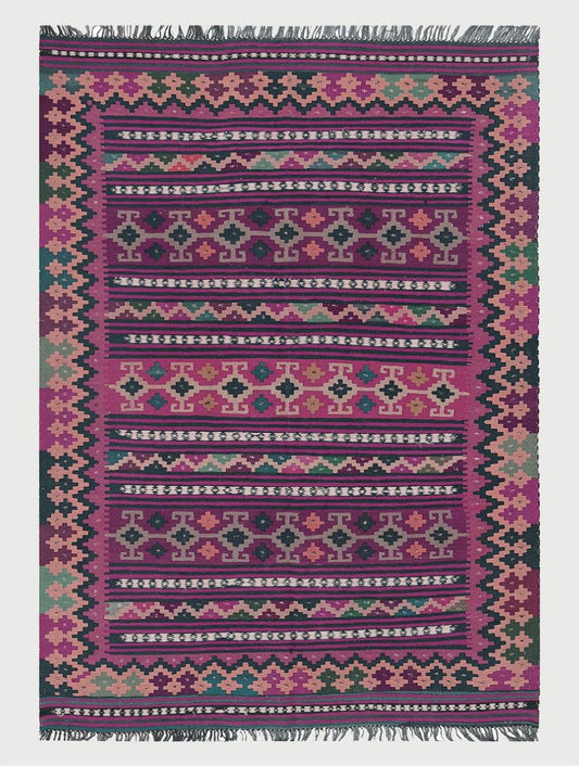 Alfombra india de lana tejida a mano de gran superficie en color granate, modelo Kilim WK-501