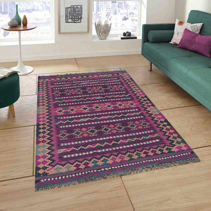 Alfombra india de lana tejida a mano de gran superficie en color granate, modelo Kilim WK-501