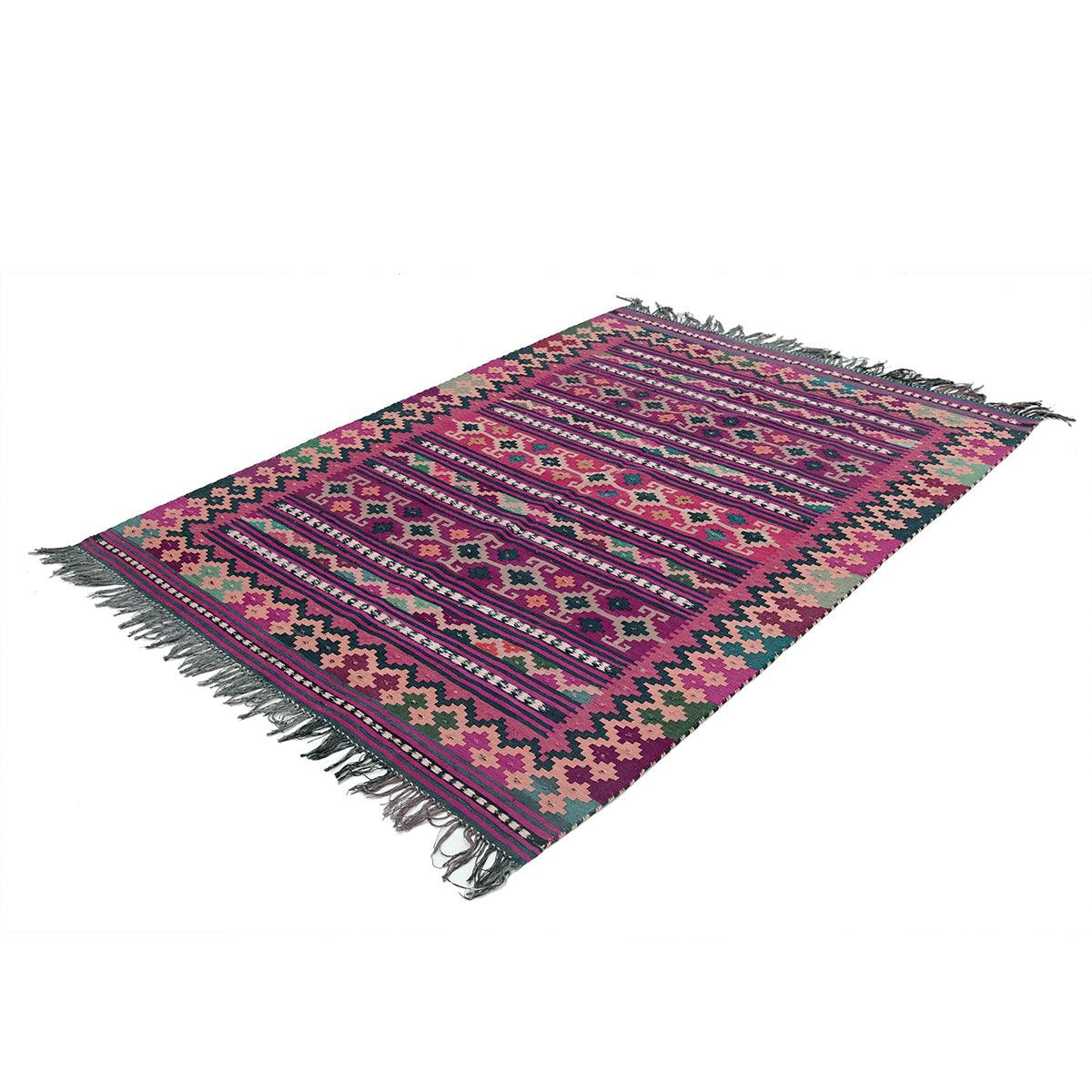 Alfombra india de lana tejida a mano de gran superficie en color granate, modelo Kilim WK-501