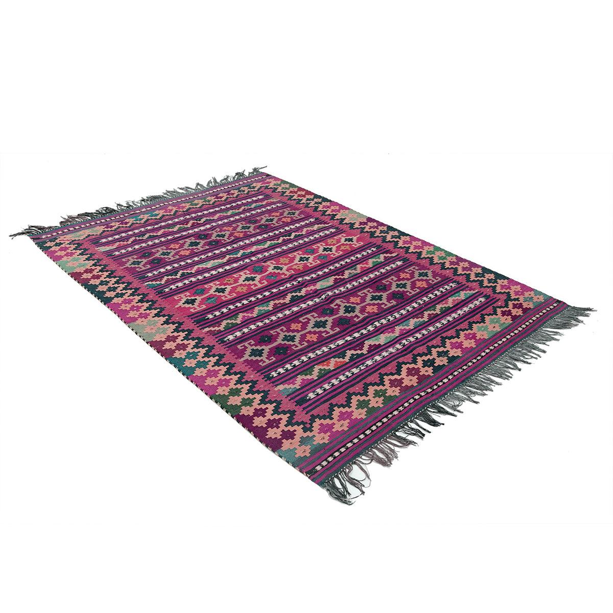 Alfombra india de lana tejida a mano de gran superficie en color granate, modelo Kilim WK-501