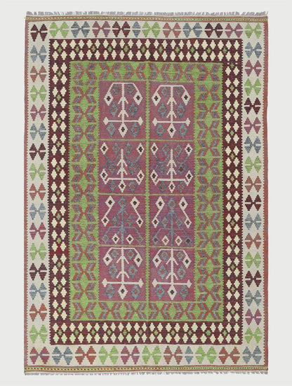 Alfombra Kilim tribal de lana verde tejida a mano WK-503