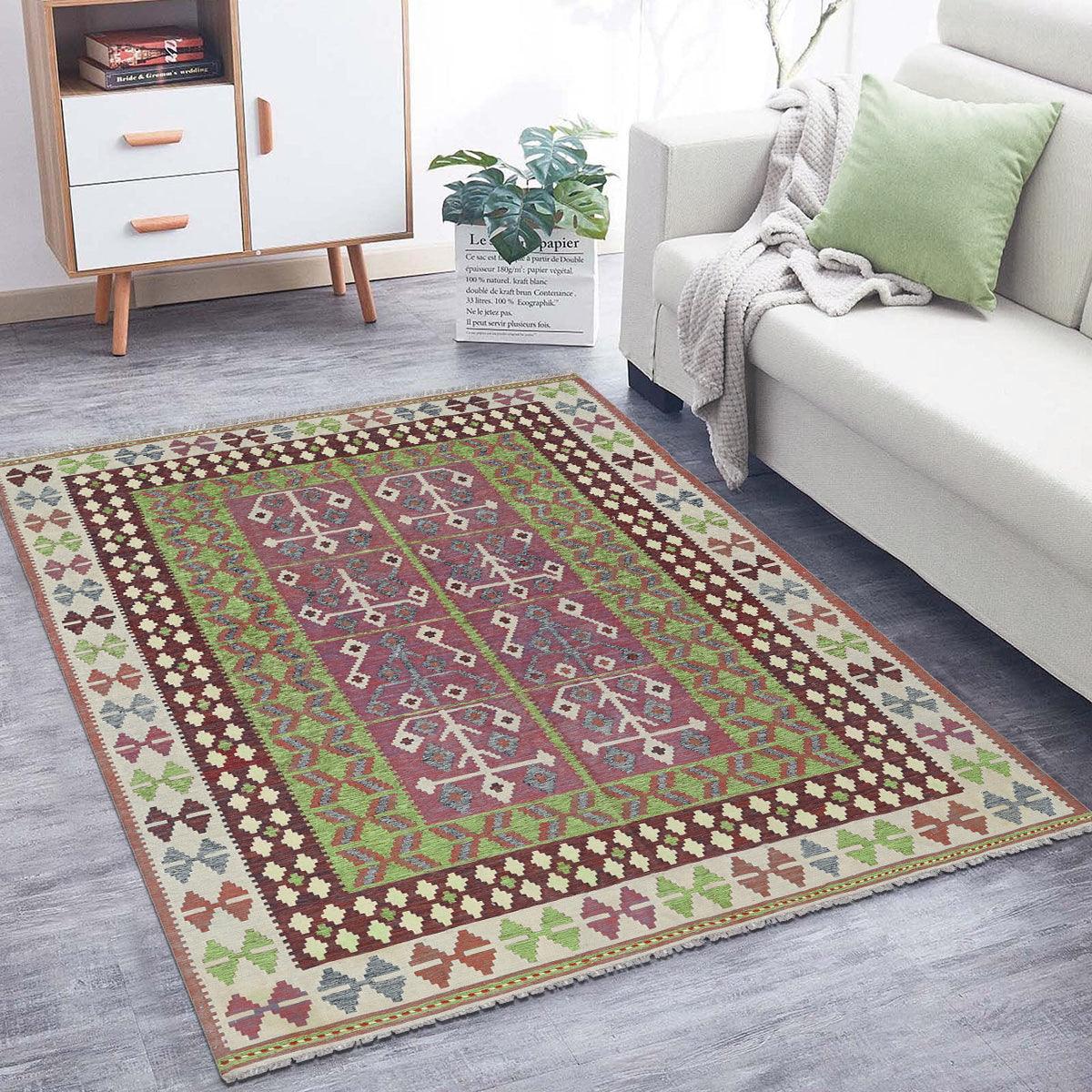 Alfombra Kilim tribal de lana verde tejida a mano WK-503