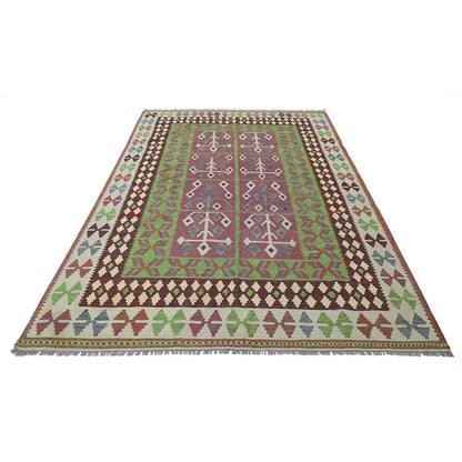 Alfombra Kilim tribal de lana verde tejida a mano WK-503