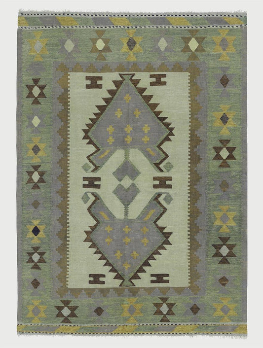 Tappeto Kilim da esterno in lana intrecciata a mano verde oliva WK-505