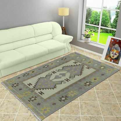 Olive Green Hand Woven Wool Kilim Outdoor Area Rug WK-505