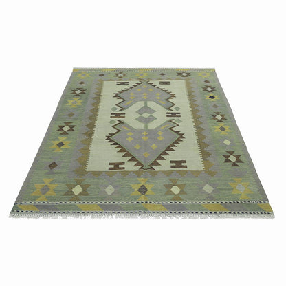 Olive Green Hand Woven Wool Kilim Outdoor Area Rug WK-505