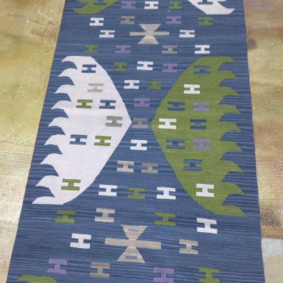 Alfombra Kilim de lana azul tejida a mano de la India de gran tamaño WK-512