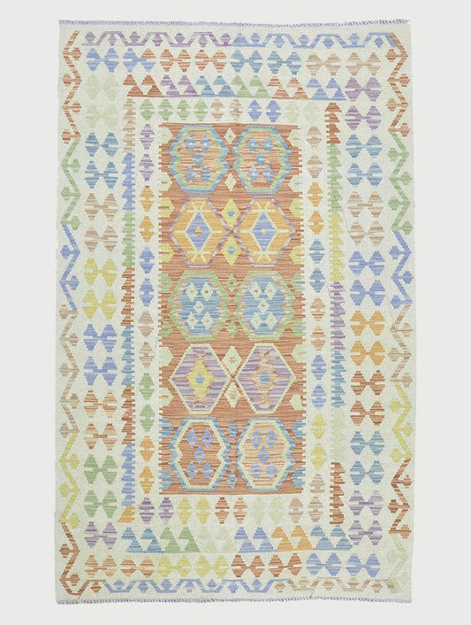 Alfombra Kilim de lana tejida a mano color beige para dormitorio WK-513