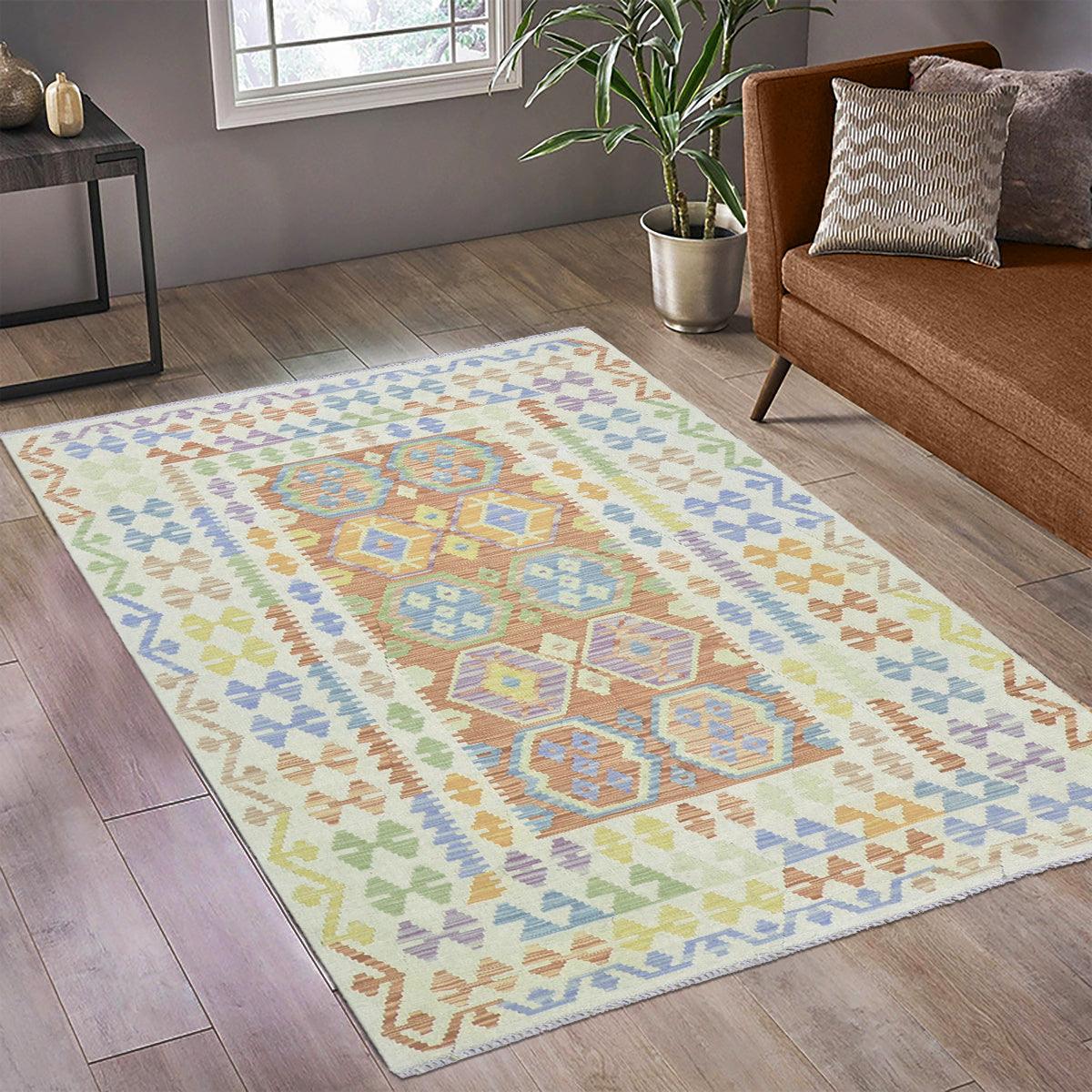 Beige Hand Woven Wool Kilim Large Rug For Bedroom WK-513