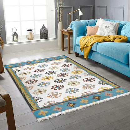 Alfombra Kilim de lana tejida a mano natural para comedor, color blanco WK-521