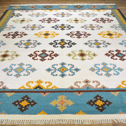 Alfombra Kilim de lana tejida a mano natural para comedor, color blanco WK-521