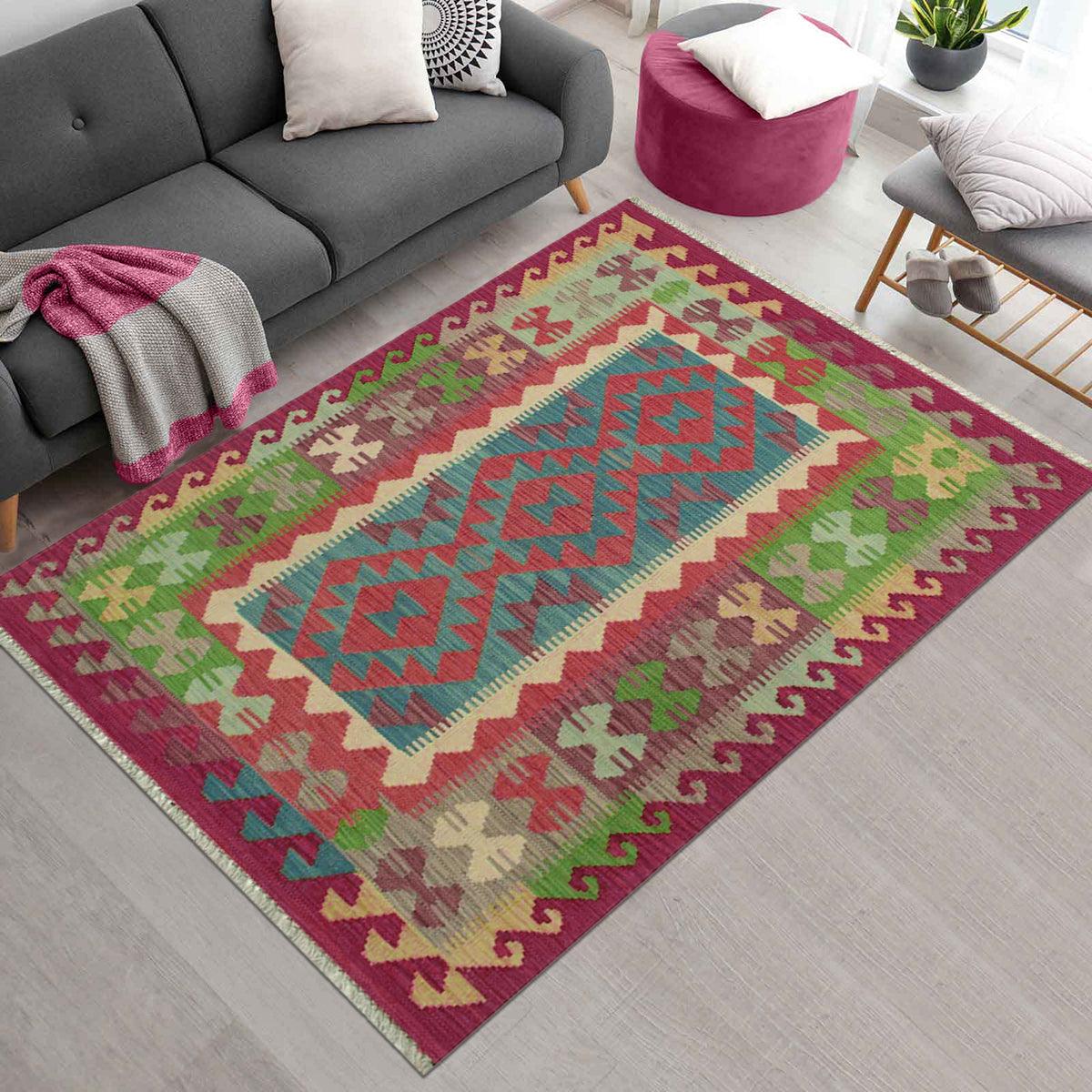 Red Hand Knotted Wool Kilim Rug Outdoor Patio WK-628