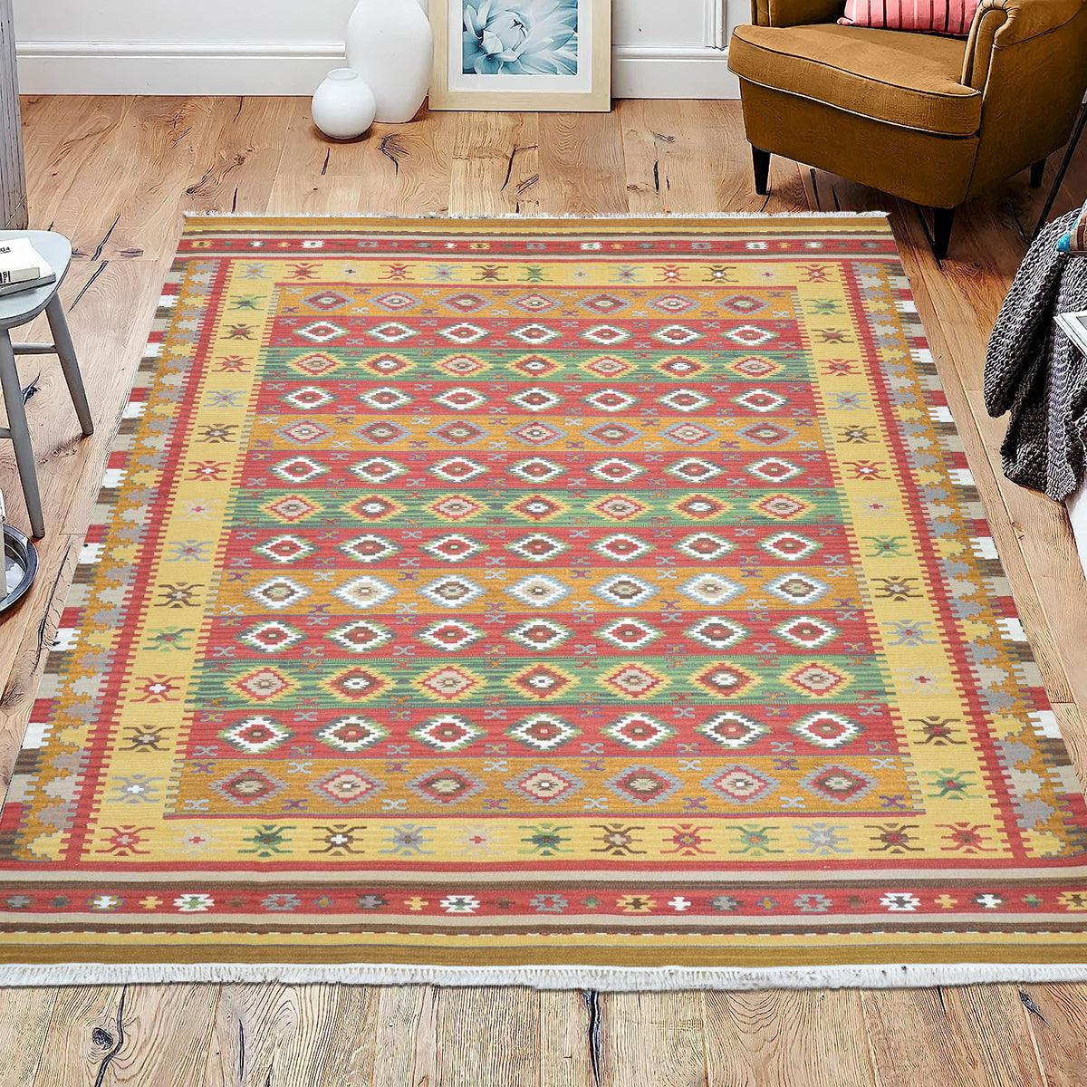 Tappeto da pranzo Kilim in lana naturale intrecciata a mano, rosso WK-531