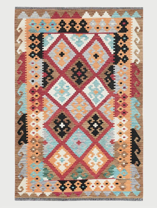 Alfombra Kilim de lana tejida a mano en color marrón para sala de estar WK-532