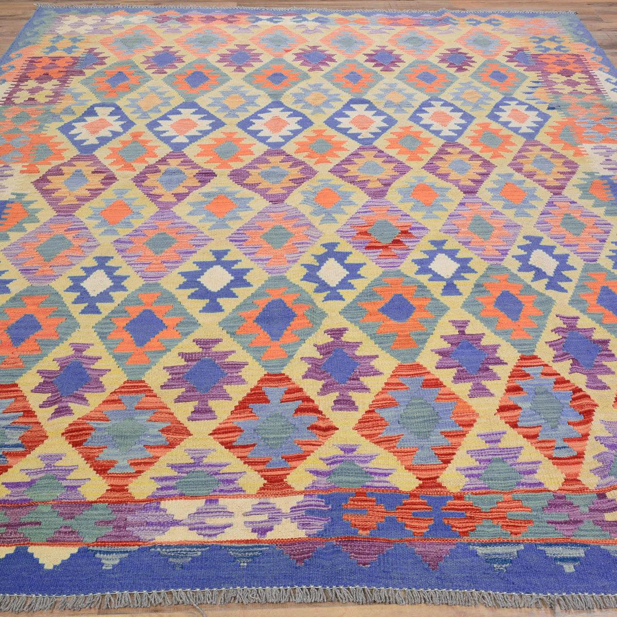 Alfombra Kilim de lana azul tejida a mano para patio al aire libre WK-533