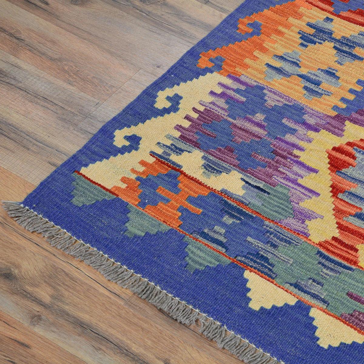 Alfombra Kilim de lana azul tejida a mano para patio al aire libre WK-533