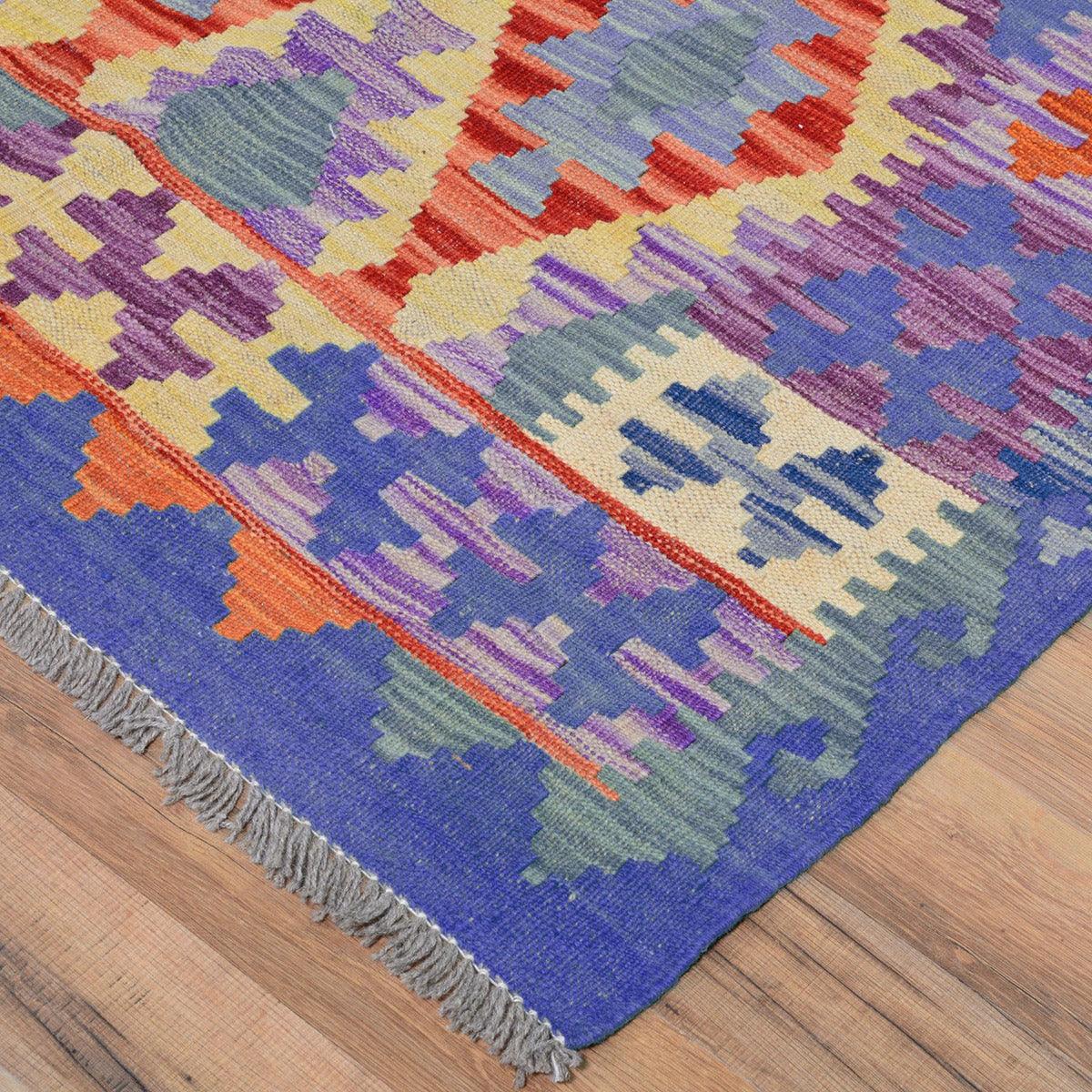 Alfombra Kilim de lana azul tejida a mano para patio al aire libre WK-533