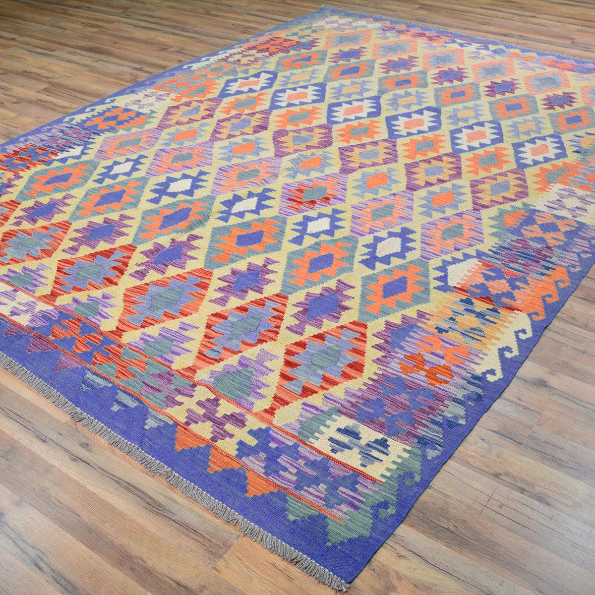 Alfombra Kilim de lana azul tejida a mano para patio al aire libre WK-533