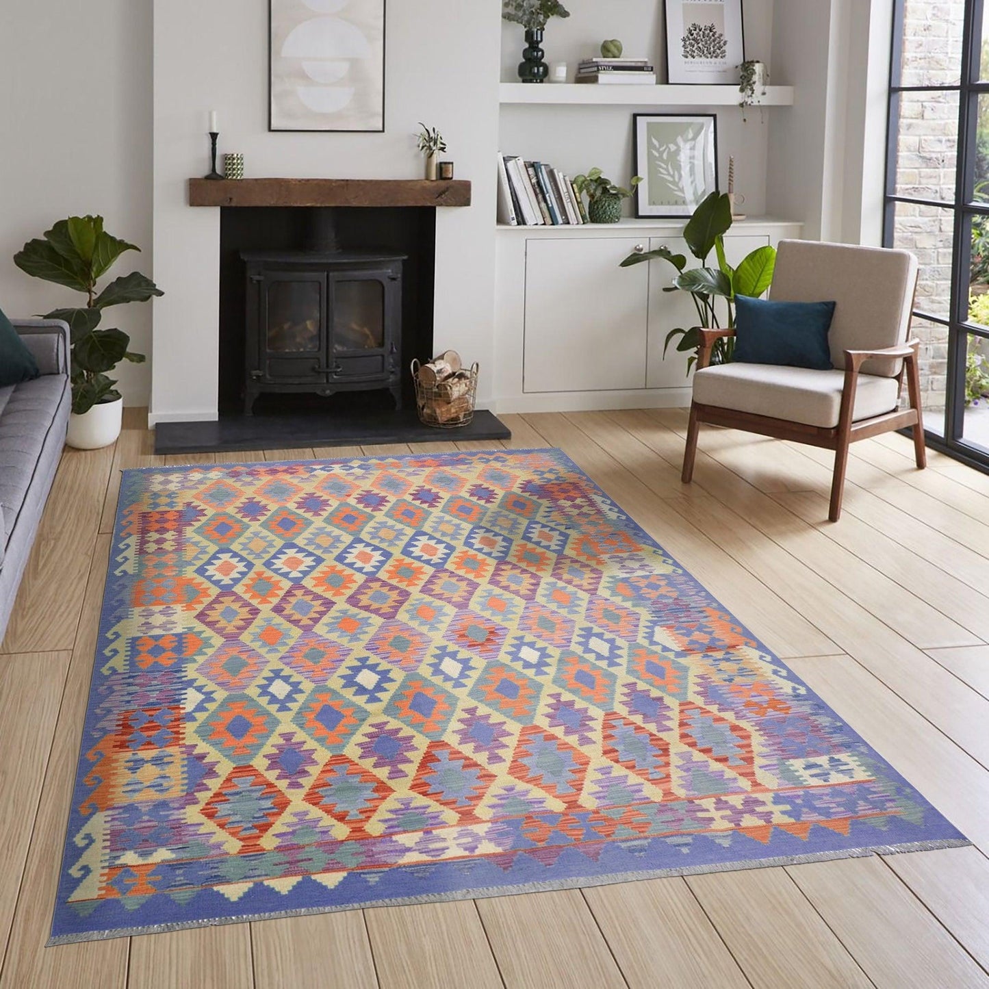 Hand Woven Blue Wool Kilim Rug For Outdoor Patio WK-533