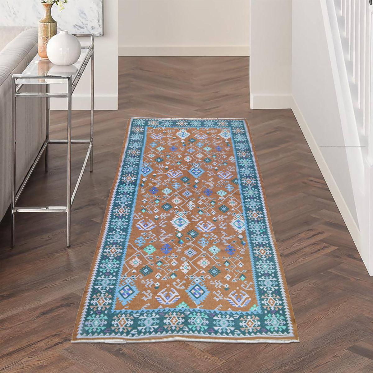 Alfombra Kilim de lana tejida a mano de color azul para dormitorio WK-540