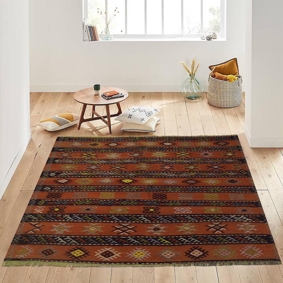 Tappeto Kilim in lana marrone intrecciato a mano per ingresso WK-542