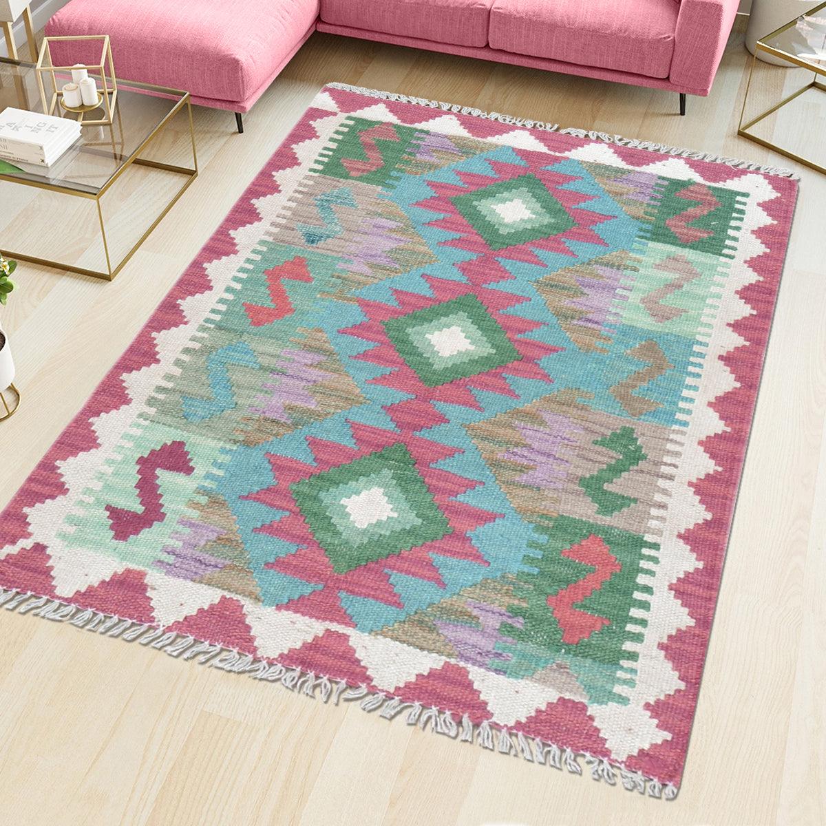 Beautiful Hand Woven Door Mat Wool Kilim Rug Pink WK-551