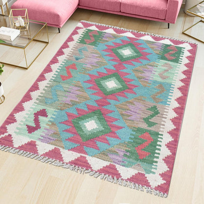 Bellissimo tappeto zerbino in lana kilim intrecciato a mano rosa WK-551