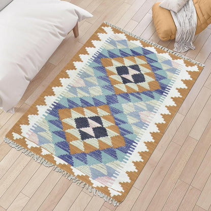 Alfombra india tejida a mano de lana color marrón estilo kilim WK-552